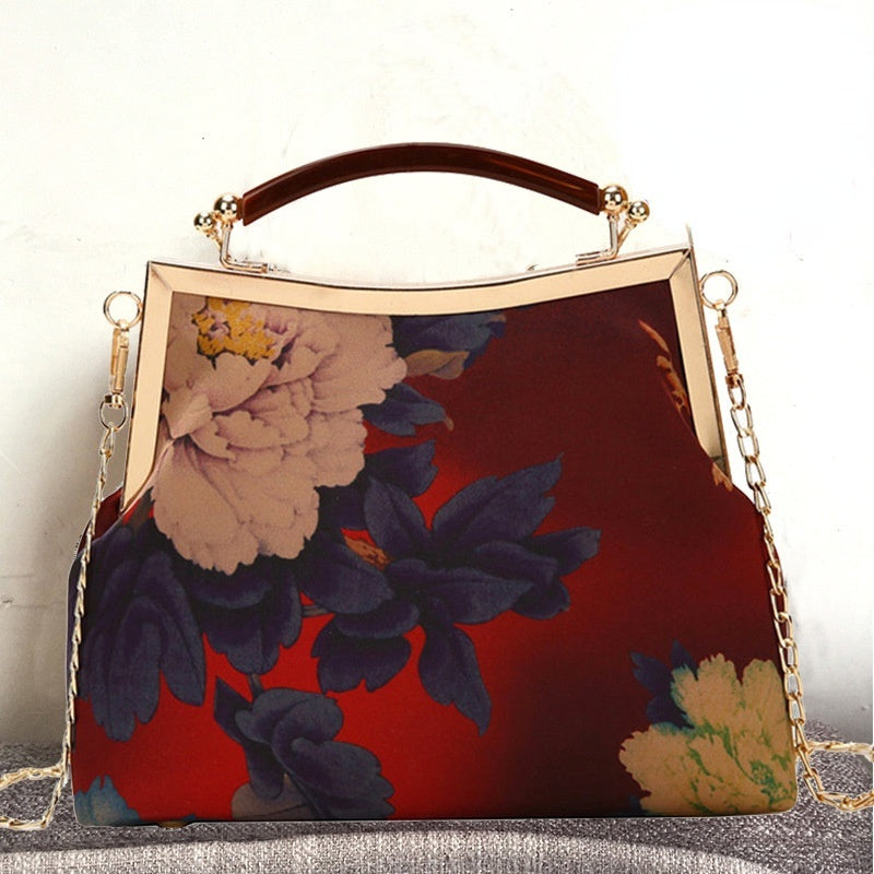 Portable Clip Female Chinese Style Peony Middle-aged Crossbody Bag
