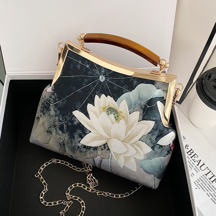 Portable Clip Female Chinese Style Peony Middle-aged Crossbody Bag